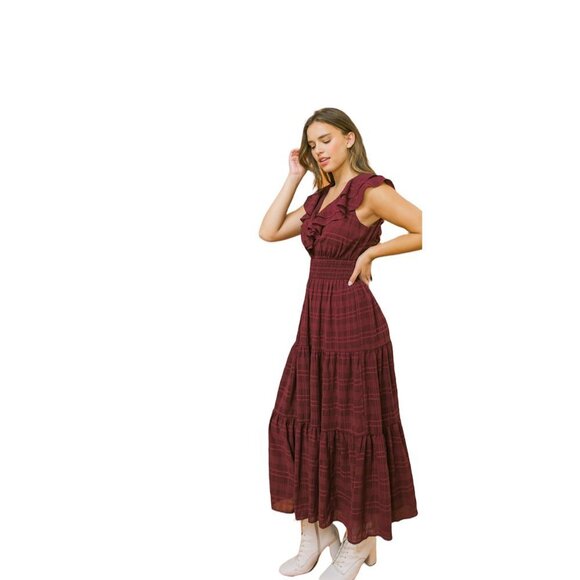 Flying Tomato Never a Dull Woven Midi Dress Tiered Burgundy NWT - Picture 2 of 3
